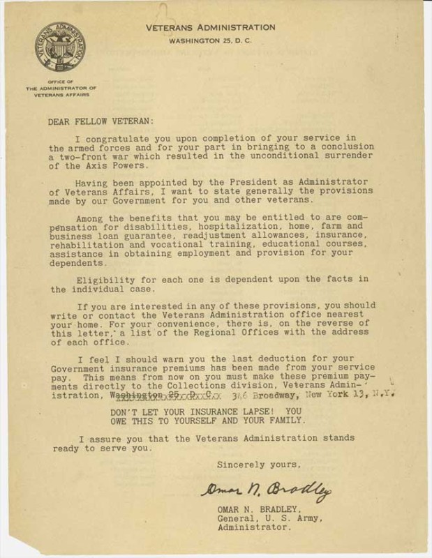 Veterans Administration letter signed by Omar Bradley