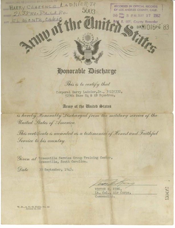 Honorable Discharge paper for Harry Ladnier dated 1943