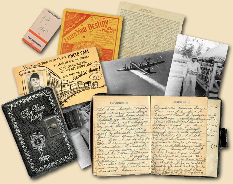 Collage of old memorabilia such as a diary, postcards, letters, etc.