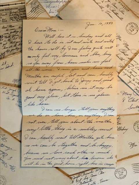 Collage of letters with top one say Dearest Mom and dated 1943